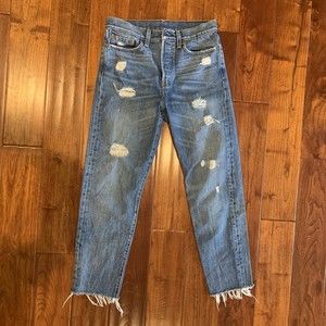 Levis 501 Size 27x26 High Rise Blue Distressed Cotton Button Fly Raw Hem